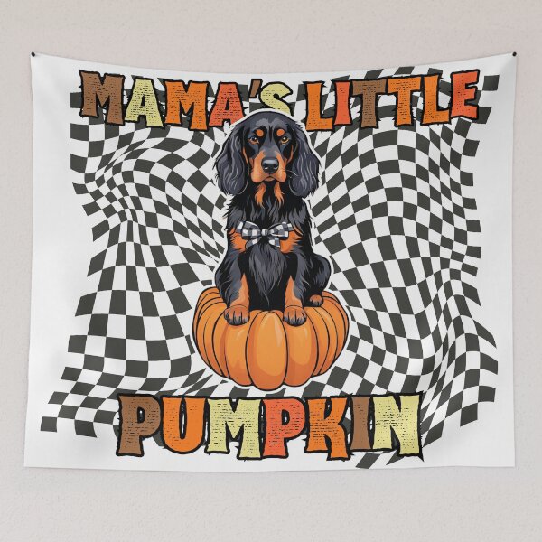 Item preview, "Mama's Little Pumpkin" - Gordon Setter in Halloween Pumpkin with Checkered Background designed and sold by GoodyPaws.