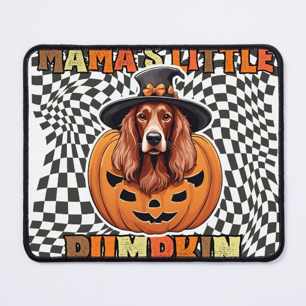 Artikelvorschau, "Mama's Little Pumpkin" - Irish Setter im Halloween-Kürbis mit kariertem Hintergrund entworfen und verkauft von GoodyPaws.