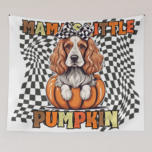Item preview, "Mama's Little Pumpkin" - American Cocker Spaniel in Halloween Pumpkin with Checkered Background designed and sold by GoodyPaws.