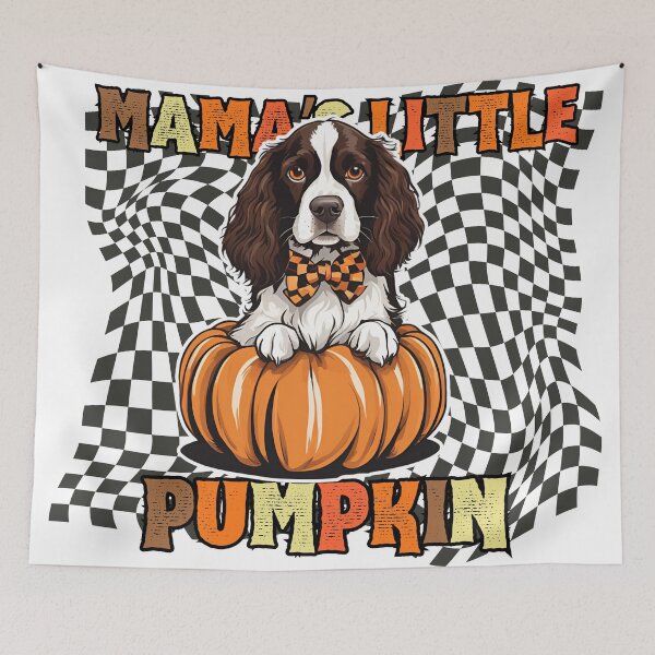 Item preview, "Mama's Little Pumpkin" - English Springer Spaniel in Halloween Pumpkin with Checkered Background designed and sold by GoodyPaws.