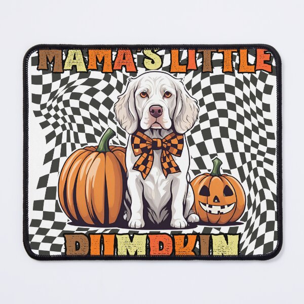 Item preview, "Mama's Little Pumpkin" - Clumber Spaniel in Halloween Pumpkin with Checkered Background designed and sold by GoodyPaws.
