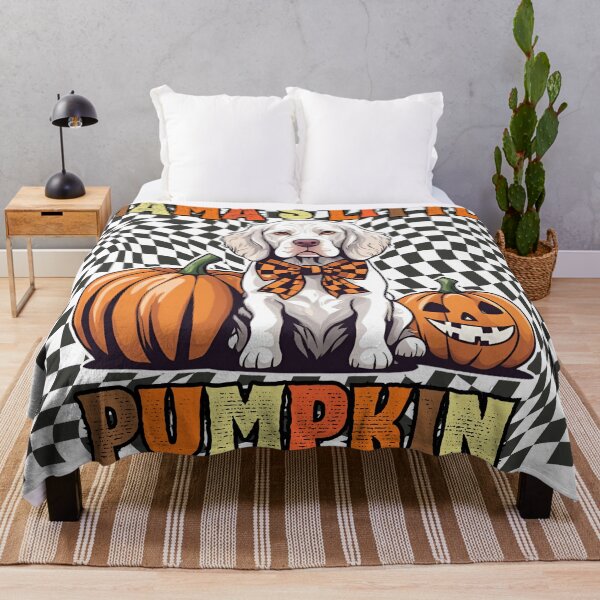 Item preview, "Mama's Little Pumpkin" - Clumber Spaniel in Halloween Pumpkin with Checkered Background designed and sold by GoodyPaws.