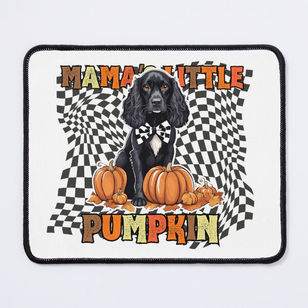 Item preview, "Mama's Little Pumpkin" - Field Spaniel in Halloween Pumpkin with Checkered Background designed and sold by GoodyPaws.
