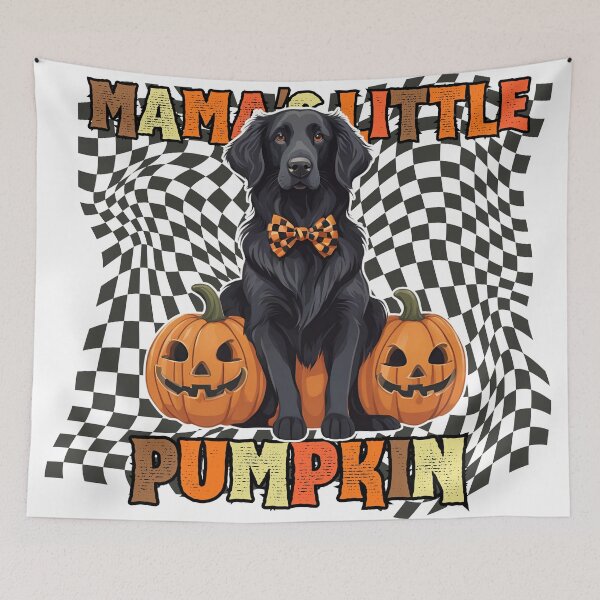 Item preview, "La pequeña calabaza de mamá": perro retriever de pelo liso con calabaza de Halloween y fondo a cuadros designed and sold by GoodyPaws.