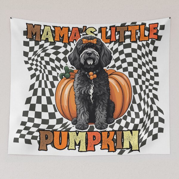 Item preview, "Mama's Little Pumpkin" - Portuguese Water Dog in Halloween Pumpkin with Checkered Background designed and sold by GoodyPaws.