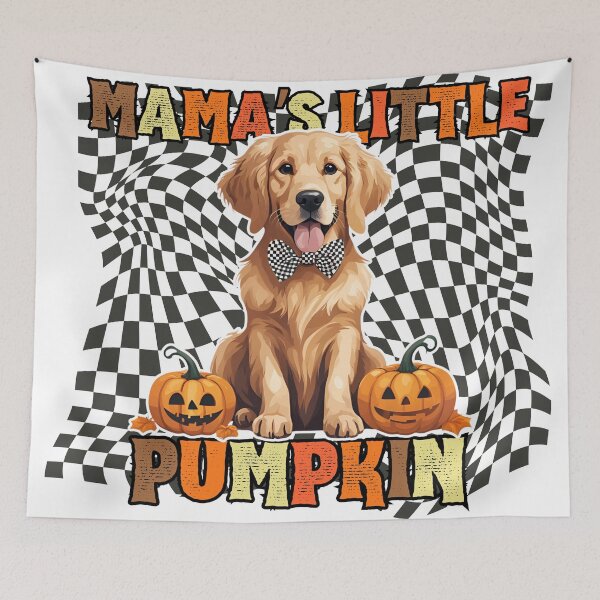 Item preview, "Mama's Little Pumpkin" - Golden Retriever in Halloween Pumpkin with Checkered Background designed and sold by GoodyPaws.