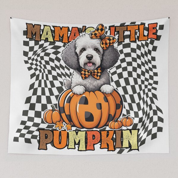 Item preview, "Mama's Little Pumpkin" - Spanish Water Dog in Halloween Pumpkin with Checkered Background designed and sold by GoodyPaws.
