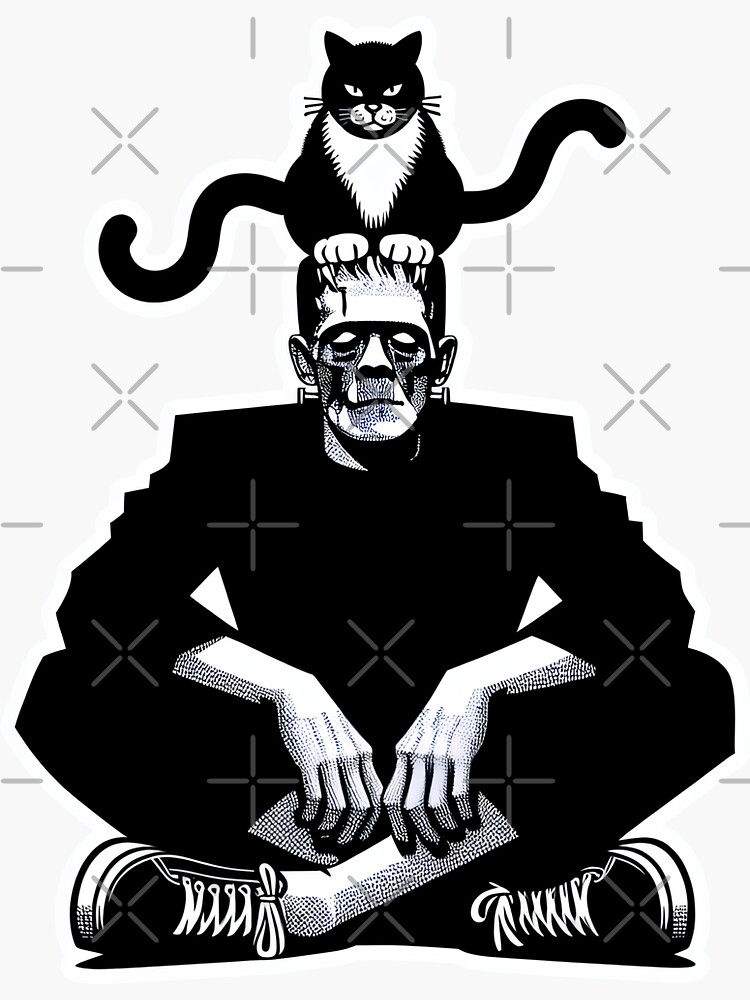 Thumbnail 3 von 3, Sticker, Frankenstein mit Katze am Kopf designt und verkauft von Kobeko.