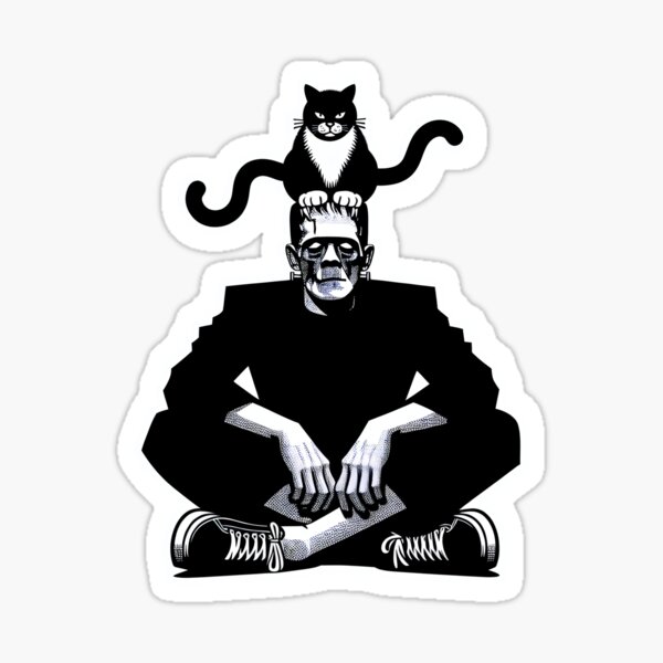 Frankenstein with a cat on his head Sticker