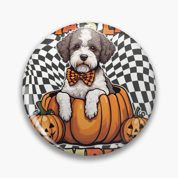 Item preview, "Mama's Little Pumpkin" - Lagotto Romagnolo in Halloween Pumpkin with Checkered Background designed and sold by GoodyPaws.