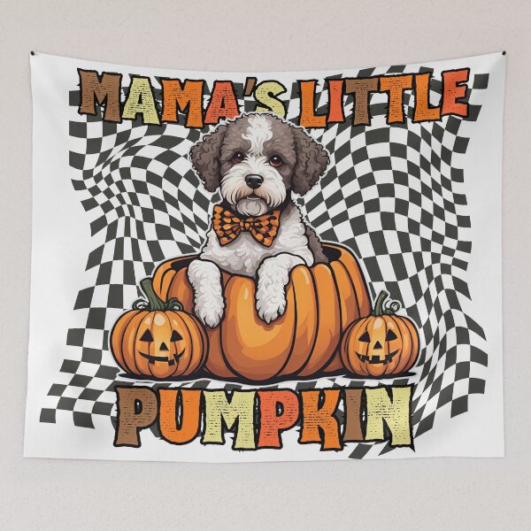 Item preview, "Mama's Little Pumpkin" - Lagotto Romagnolo in Halloween Pumpkin with Checkered Background designed and sold by GoodyPaws.
