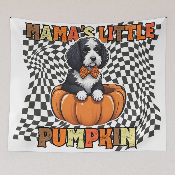 Item preview,  "Mama's Little Pumpkin" - Portuguese Water Dog in Halloween Pumpkin with Checkered Background designed and sold by GoodyPaws.