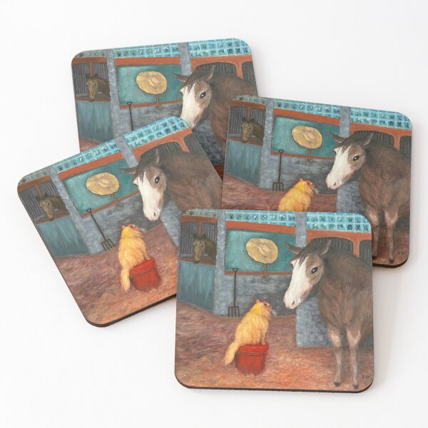 Item preview, Cat and Horse Oil Painting. Colorful stable scene and animals. designed and sold by KarenZuk.