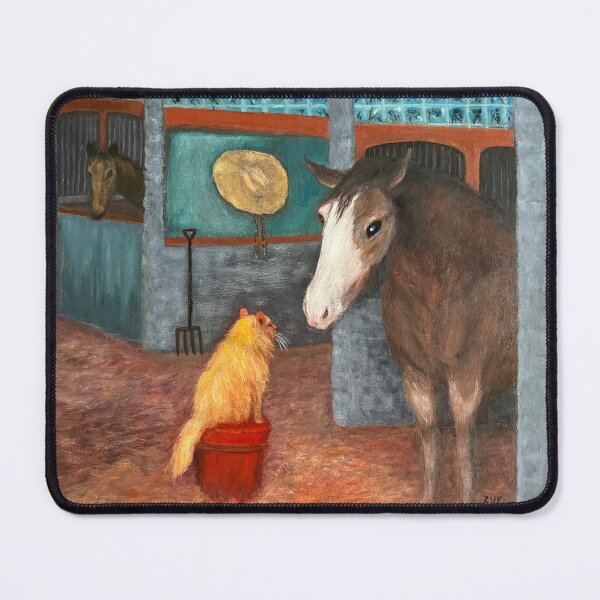 Item preview, Cat and Horse Oil Painting. Colorful stable scene and animals. designed and sold by KarenZuk.