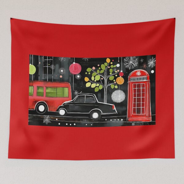 Item preview, Whimsical Christmas in London City Scene with Red Bus, Car, and Traditional Phone Booth Abstract Art Generative AI designed and sold by OlfactoART Studio.