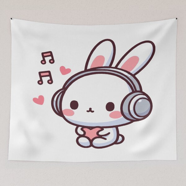 Item preview, Cute rabbit in kawaii chibi style listening to music with headphones designed and sold by AdrianMDesigns.