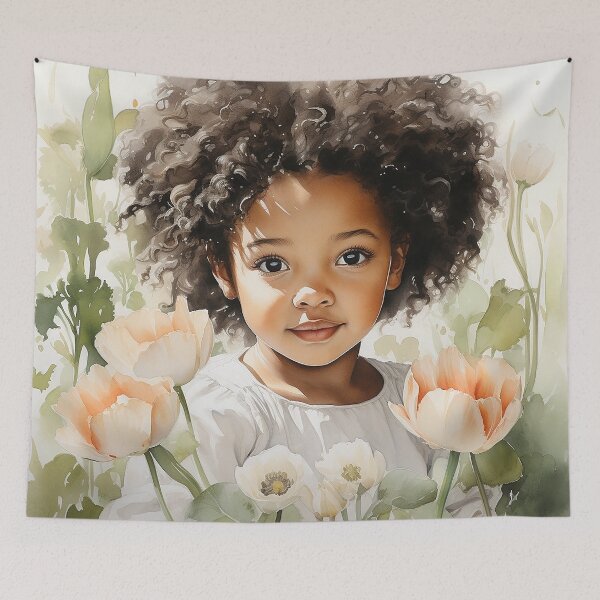 Item preview, Blooms And Blessings - A Black Little Girl Poses In A Flower Garden - Watercolor Art - Black Art designed and sold by CastleBySea.