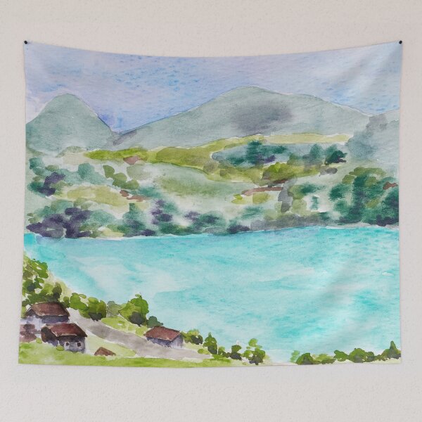 Artikelvorschau, Schweizer Landschaft mit See und Bergen, Aquarellmalerei entworfen und verkauft von SelenePaintings .