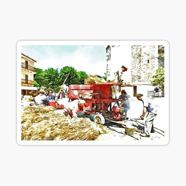 Item preview, Peasants around the threshing machine in the square designed and sold by Giuseppe Cocco.