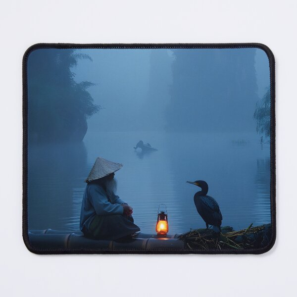 Item preview, Misty river with fisherman, lantern, and cormorant bird designed and sold by Artessie.