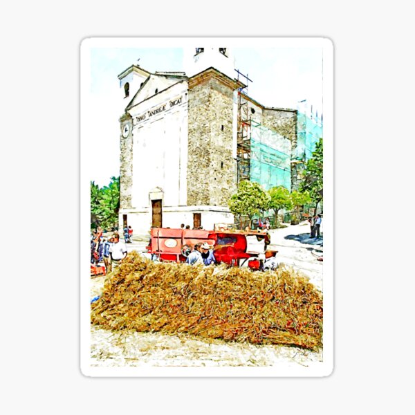 Item preview, Grain fagots with threshing machine in the square under the church designed and sold by Giuseppe Cocco.