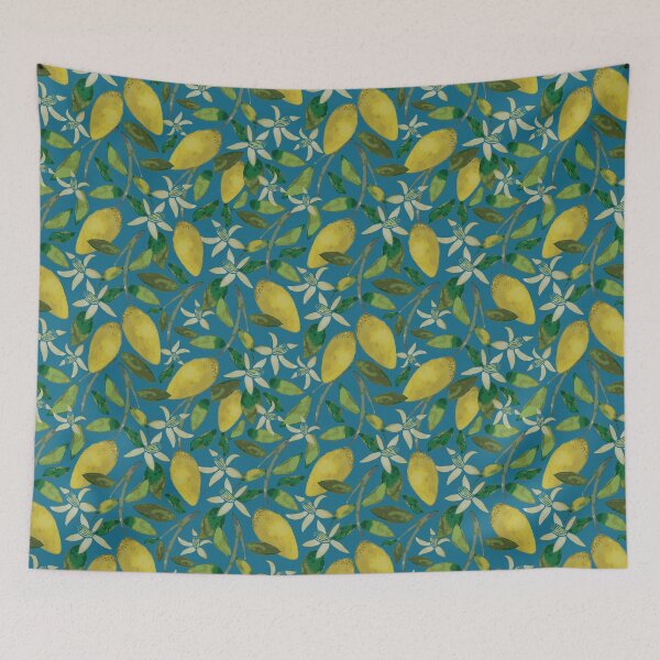 Item preview, Watercolor Blooming Lemons, blue background designed and sold by Promagine.