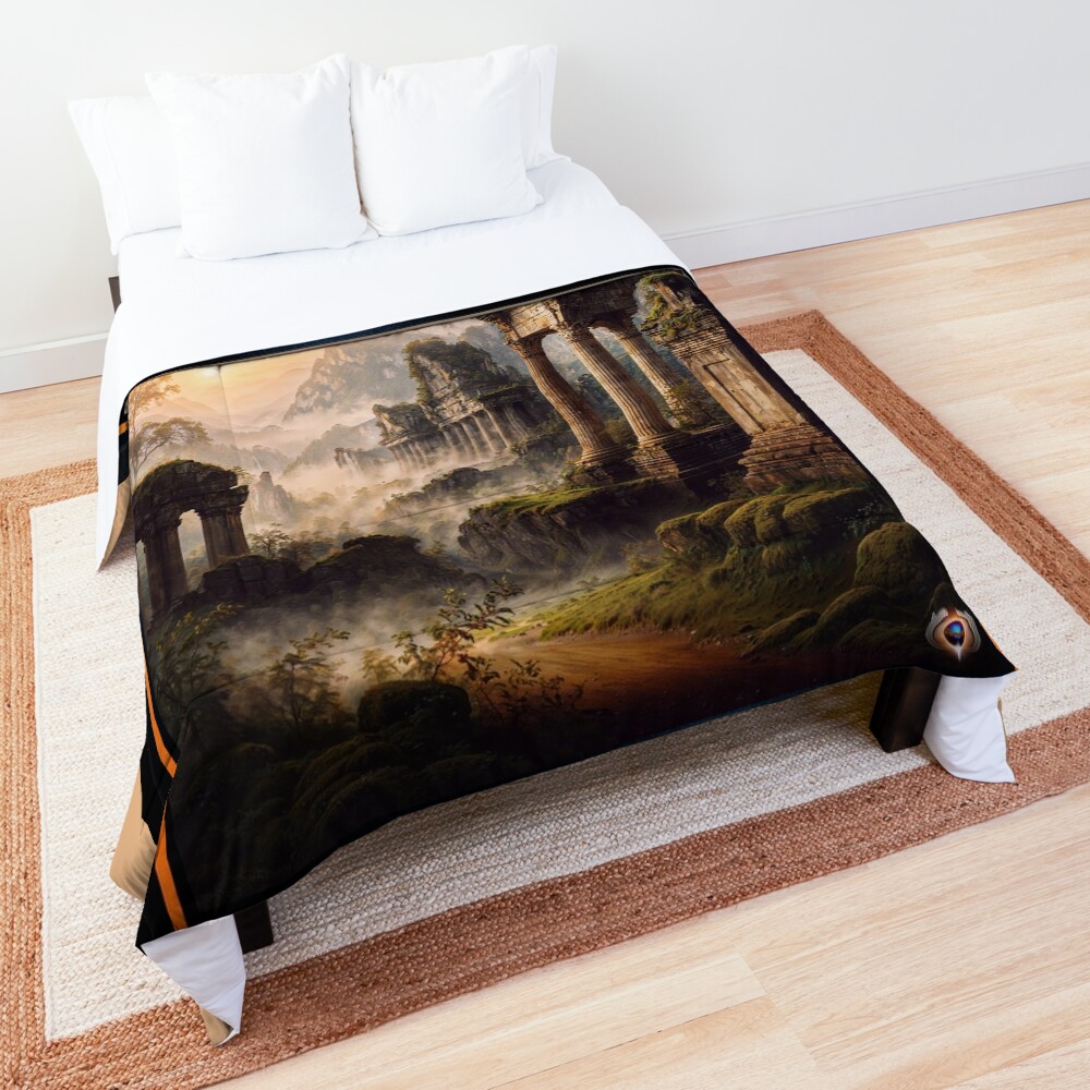Enchanted Ruins In A Misty Ancient Forest AI Concept Art by Xzendor7 | Breathtaking View 3 Enchanted Ruins In A Misty Ancient Forest Astonishing AI Concept Art by Xzendor7 Decorative Art Print Comforter