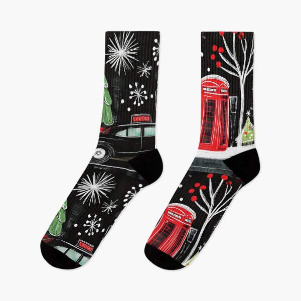 Item preview, Classic London Christmas Street Scene with Black Car, Red Trees, and Iconic Phone Booth Abstract Digital Art designed and sold by OlfactoART Studio.