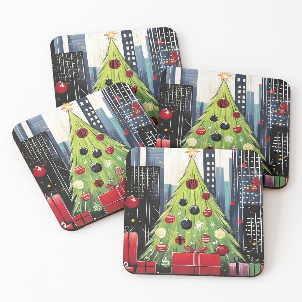 Item preview, Festive New York City Christmas Tree with Colorful Ornaments and Glowing Cityscape Abstract Art Generative AI designed and sold by OlfactoART Studio.