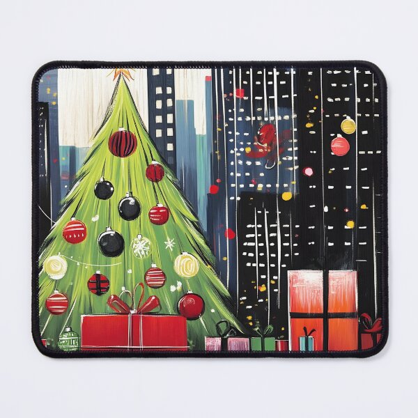 Item preview, Festive New York City Christmas Tree with Colorful Ornaments and Glowing Cityscape Abstract Art Generative AI designed and sold by OlfactoART Studio.