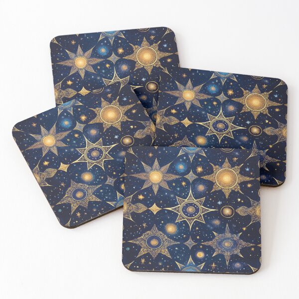 Item preview, A celestial-themed pattern design featuring various stars and celestial bodies against a dark blue background. designed and sold by HEMRO.