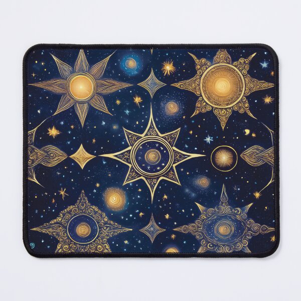 Item preview, A celestial-themed pattern design featuring various stars and celestial bodies against a dark blue background. designed and sold by HEMRO.