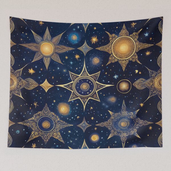 Item preview, A celestial-themed pattern design featuring various stars and celestial bodies against a dark blue background. designed and sold by HEMRO.