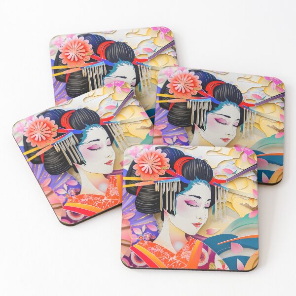 Item preview, Elegant Geisha in vibrant paper art composition scene designed and sold by Artessie.