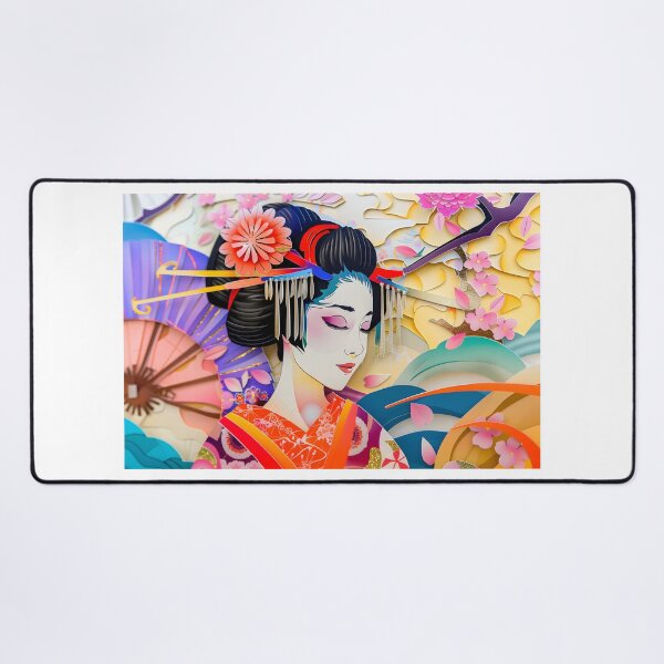Item preview, Elegant Geisha in vibrant paper art composition scene designed and sold by Artessie.