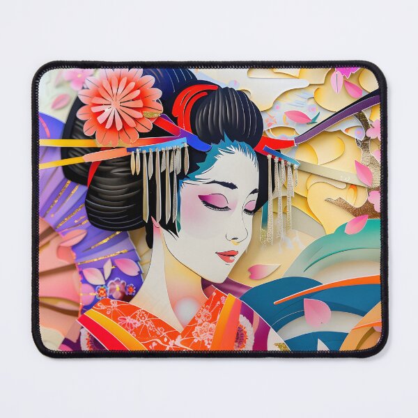 Item preview, Elegant Geisha in vibrant paper art composition scene designed and sold by Artessie.