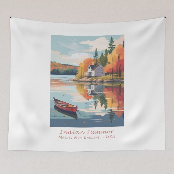 Item preview, Vintage Minimal Retro Autumn Travel Poster - Indian Summer Lake House, Maine, New England" designed and sold by pod24.