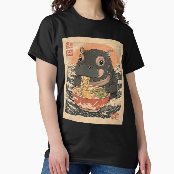 Aperçu de l'œuvre Moo Deng Hippo mange des ramen pour les fans de style japonais, cadeau d'anime kawaii pour les fans créée et vendue par Coli-man.