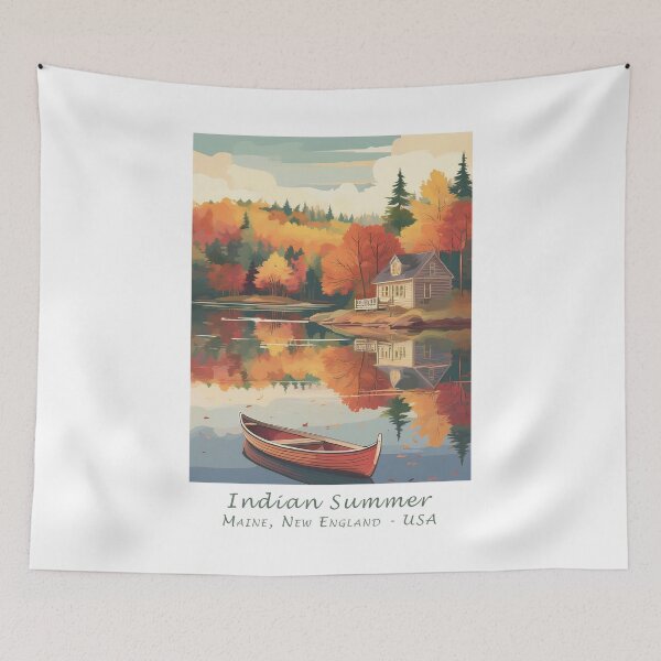 Item preview, Autumn Vintage Retro Travel Poster – Indian Summer Lake House in Maine, New England designed and sold by pod24.