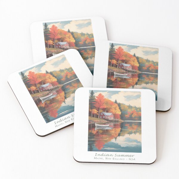 Item preview, Vintage Retro Autumn Travel Poster – Indian Summer Lake House in Maine, New England designed and sold by pod24.