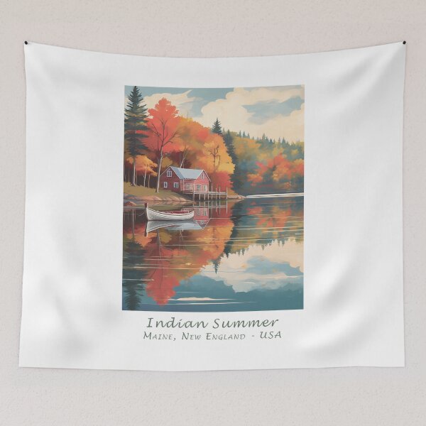 Item preview, Vintage Retro Autumn Travel Poster – Indian Summer Lake House in Maine, New England designed and sold by pod24.