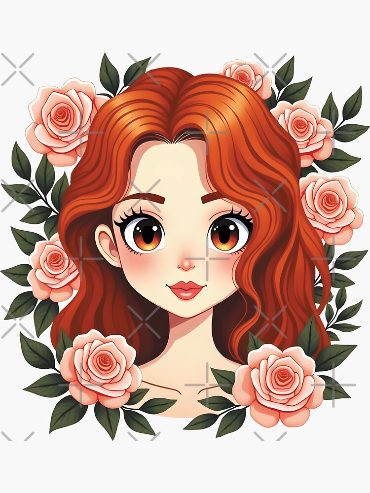Thumbnail 3 of 3, Sticker, Red-Haired Anime Girl with Roses designed and sold by FotiraStudio.