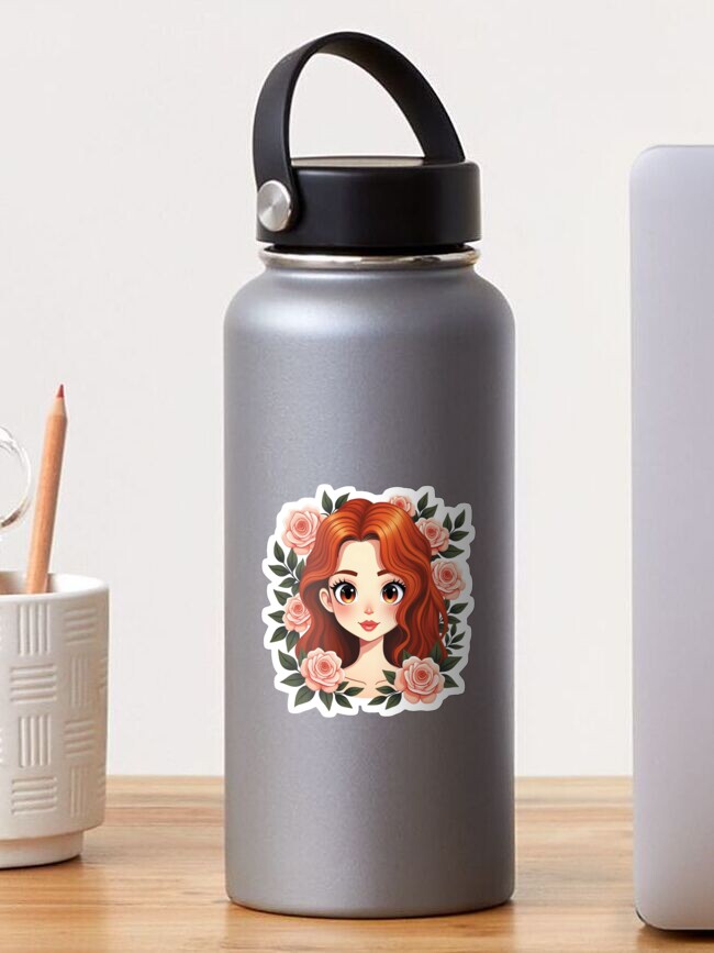 Thumbnail 1 of 3, Sticker, Red-Haired Anime Girl with Roses designed and sold by FotiraStudio.