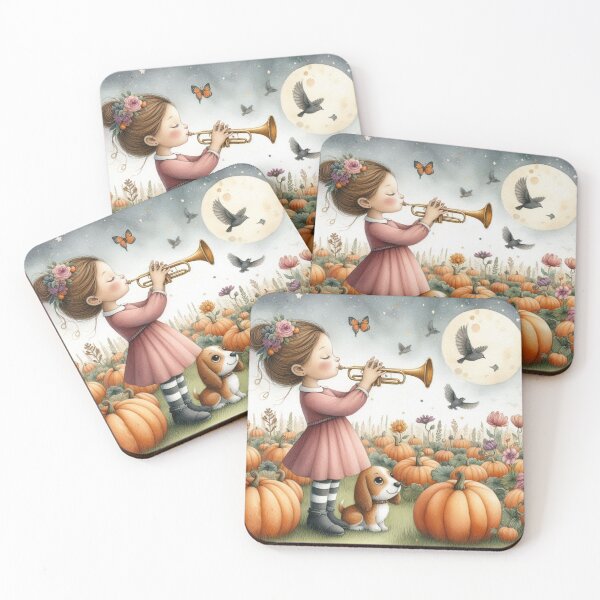 Item preview, Girl Playing Trumpet with Puppy and Birds and Butterflies in Flowery Pumpkin Patch Under the Moon designed and sold by ElegantTeaTime.