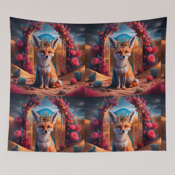 Item preview, Fennec fox king in front of a floral gate in a desert designed and sold by EmeraldeaArt.