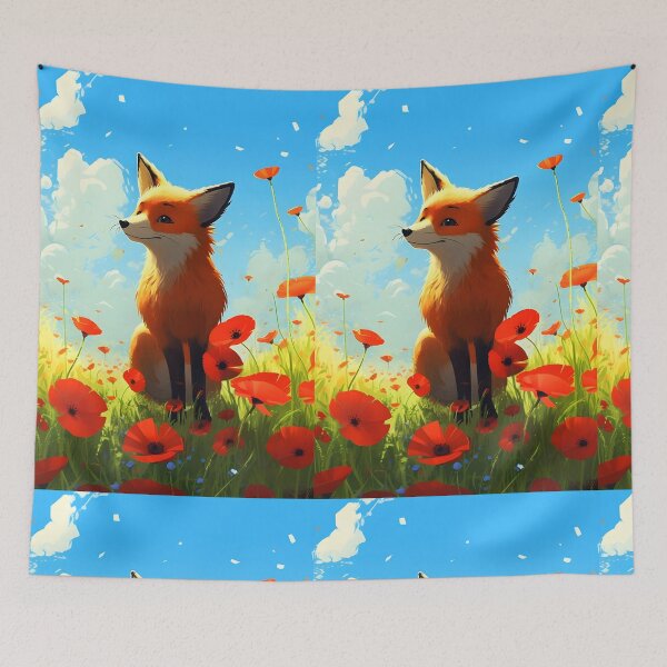 Item preview, Cartoon fox among poppies on a summer day designed and sold by EmeraldeaArt.