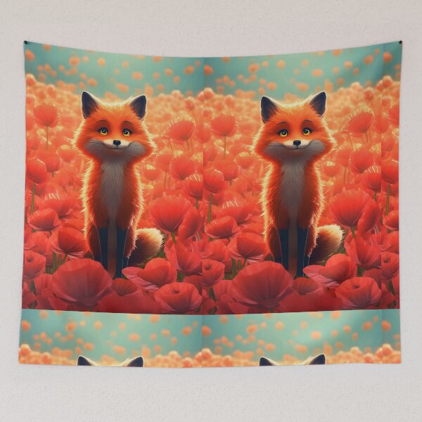Item preview, Smiling fox sitting on a red poppy field designed and sold by EmeraldeaArt.