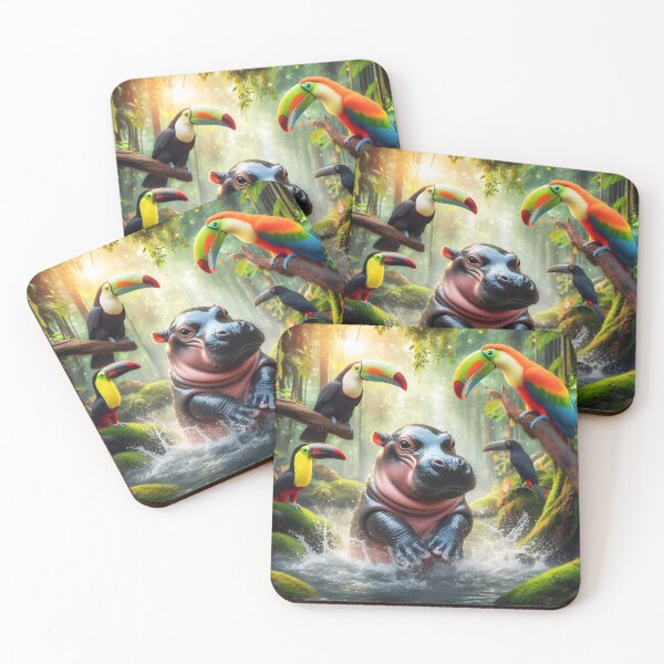 Item preview, Cute moo deng hippo playing in jungle among toucans digitalart designed and sold by EmeraldeaDesign.