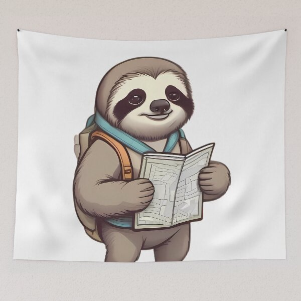 Item preview, Sloth dressed in hiking gear, holding a small map designed and sold by Shanon's Designs.