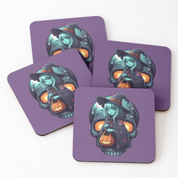 Item preview, Anime Witch with Jack-o-Lantern Bag in Skull Frame – Halloween Art designed and sold by Claw Prod Co.